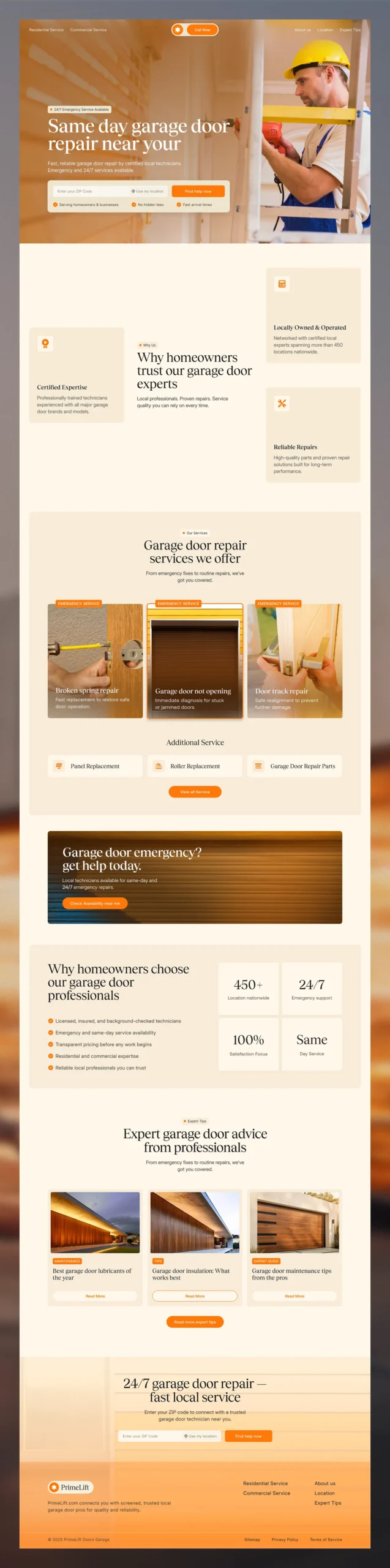 Full-page garage door repair website design from the LyfTech portfolio